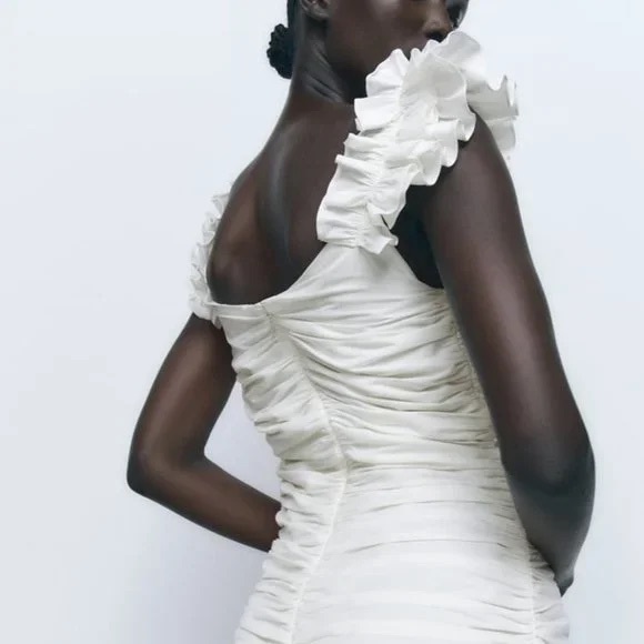 NWOT!! ZARA DRAPED LINEN BLEND ECRU CREAM RUFFLE MINI DRESS. - Picture 5 of 10